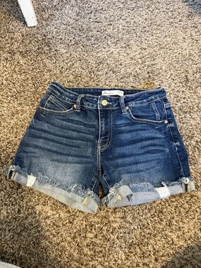 KanCan Dark Blue Distressed Roll-Cuff Denim Shorts